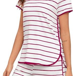 Fkeep Women's Striped Pajama Two-piece Set Nightwear Short Sleeve Sleepwear